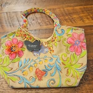 Kate Mc Rostie Hand-Embroidered Floral Tote Bag in Beige and Pink
